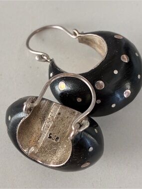 Black Polka Dot Crescent Hoop Sterling Silver Earrings
